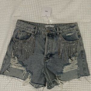 Adika Distressed Rhinestone Fringe Denim Shorts - Light Wash